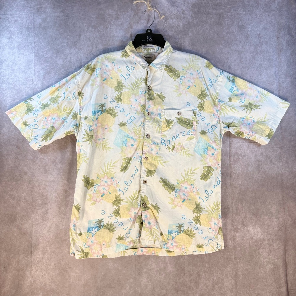 Sauce by Berne Button Front Shirt Mens Large Cream Tropical Island Breeze Cotton